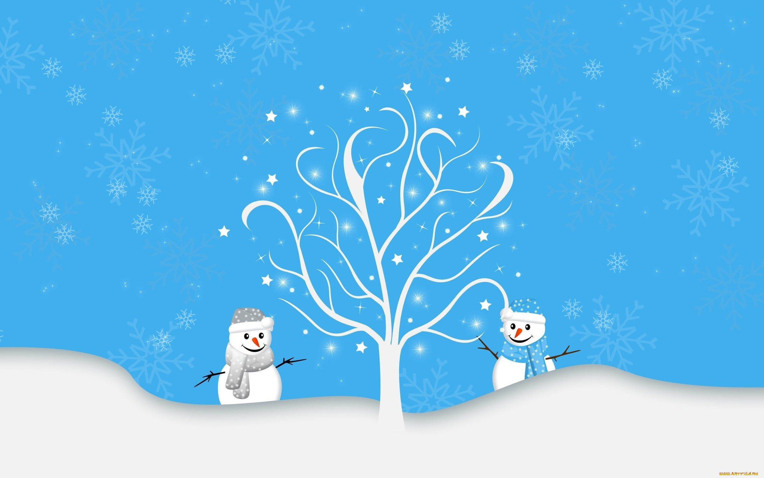 праздничные, векторная, графика, , новый, год, снеговики, дерево, снег, снежинки