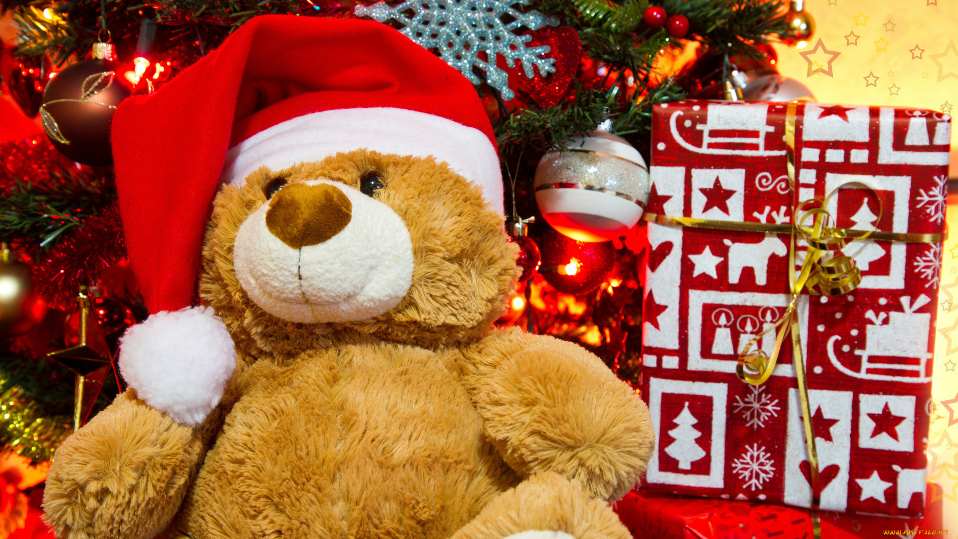 праздничные, мягкие, игрушки, коробка, украшения, ёлка, колпак, игрушка, мишка, подарок, медведь