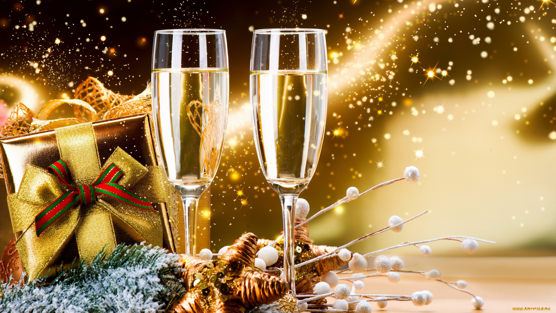 праздничные, угощения, подарок, новый, год, шампанское, бокалы, happy, new, year, украшения