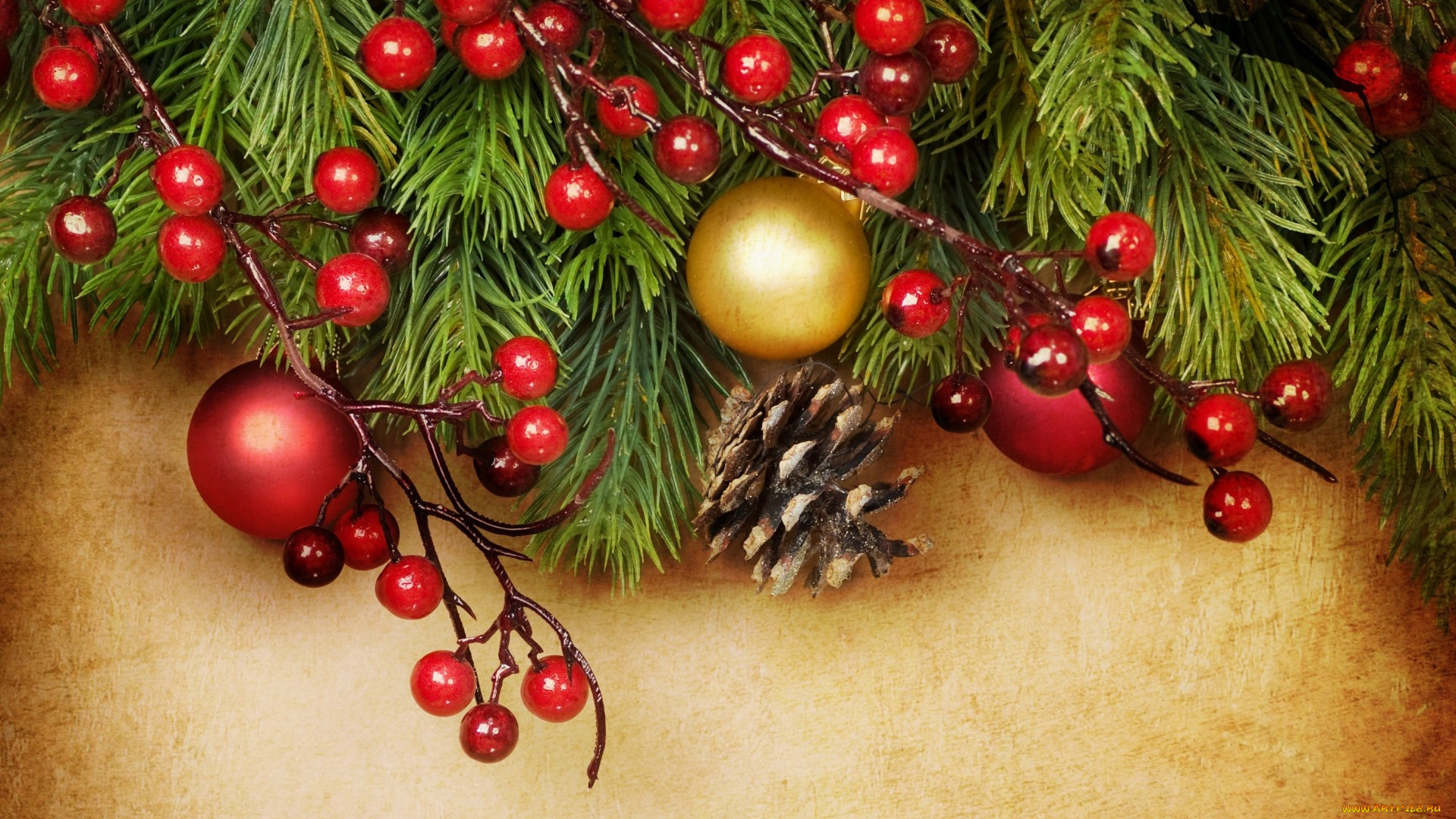 праздничные, украшения, ветки, хвоя, ягоды, новый, год, рождество, шары