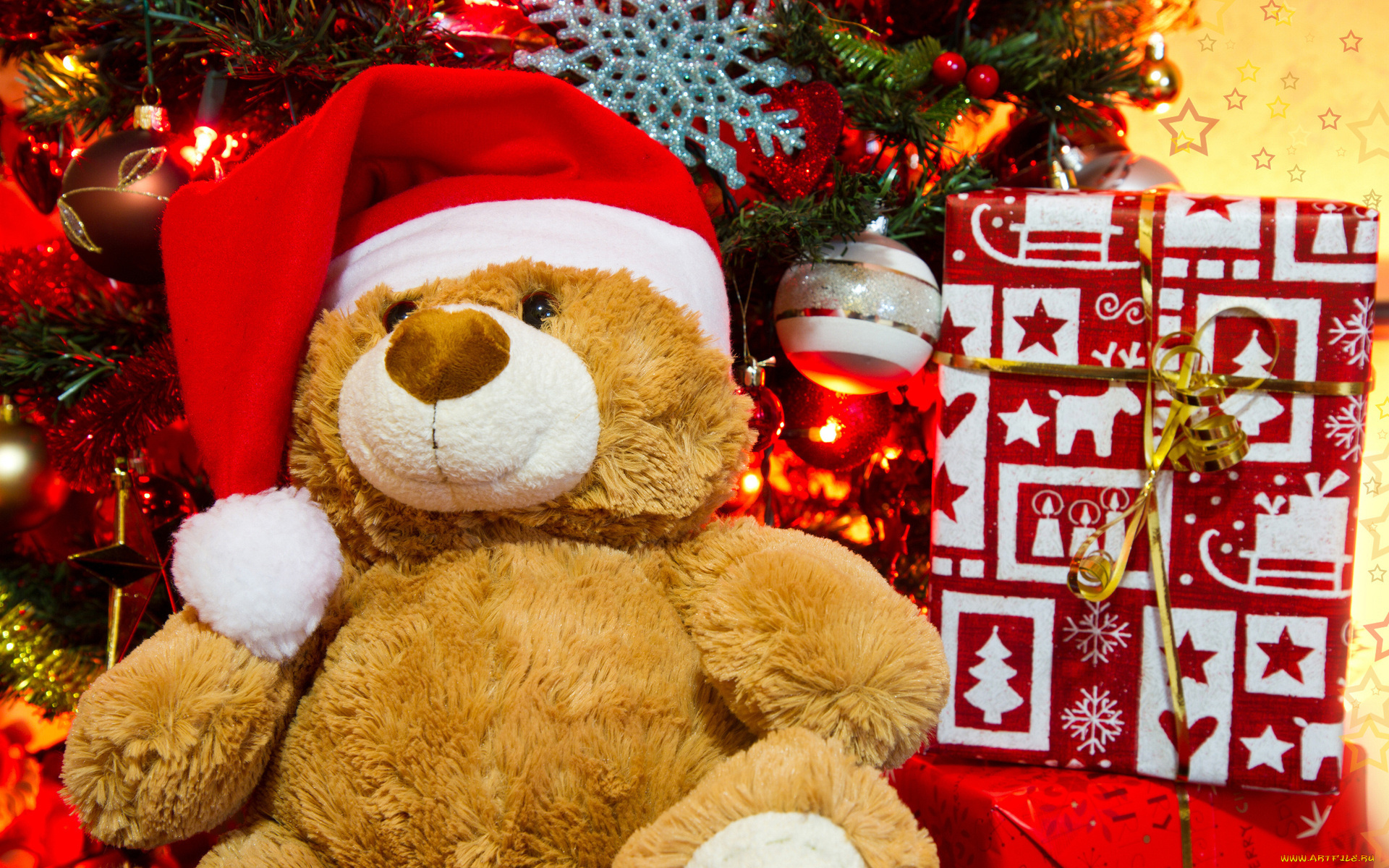 праздничные, мягкие, игрушки, коробка, украшения, ёлка, колпак, игрушка, мишка, подарок, медведь