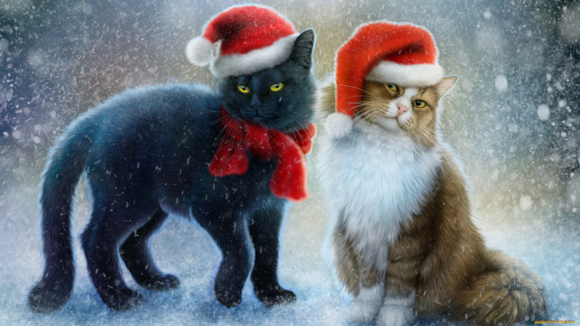 рисованное, животные, , коты, шарф, шапочки, снег, коты