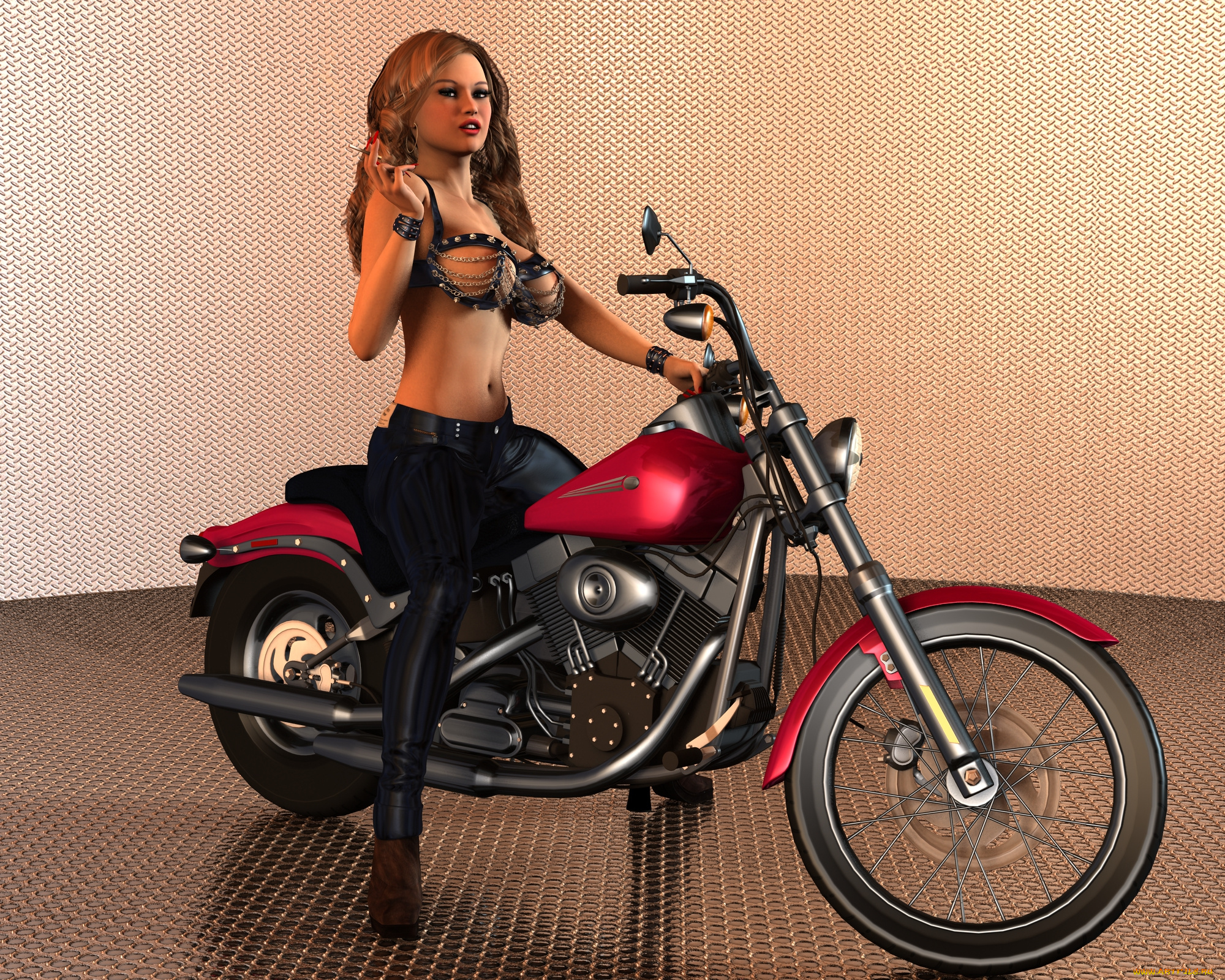 мотоциклы, 3d, девушка, фон, мотоцикл, взгляд