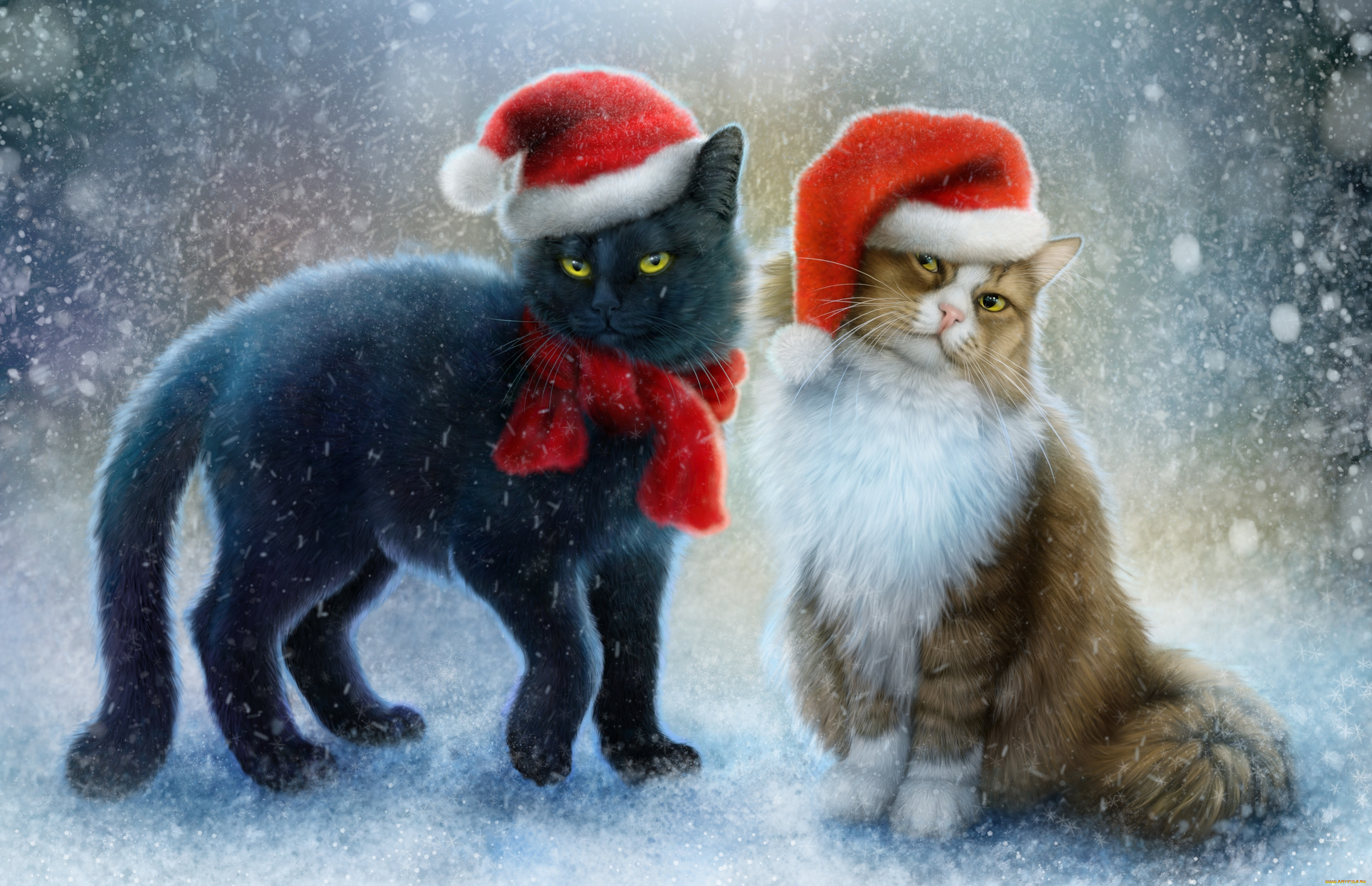 рисованное, животные, , коты, шарф, шапочки, снег, коты