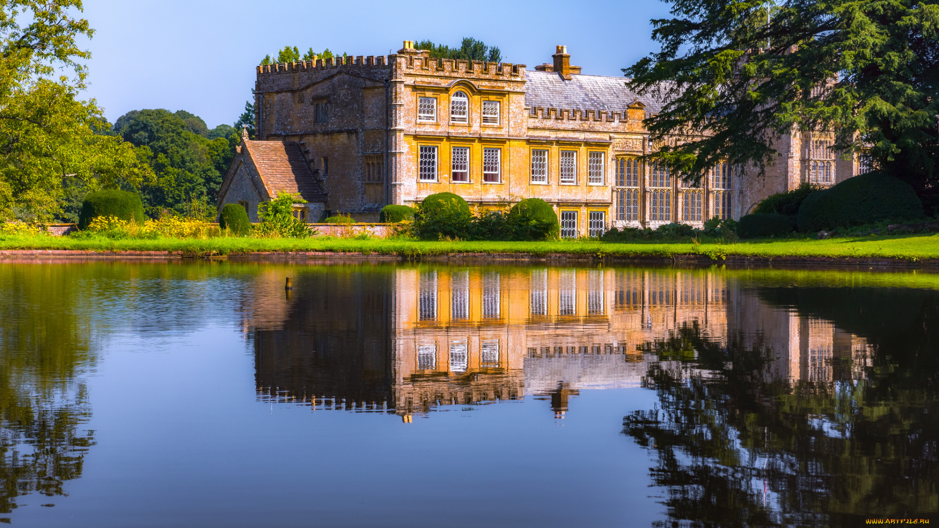 forde, abbey-, dorset, города, -, пейзажи, аббатство, озеро