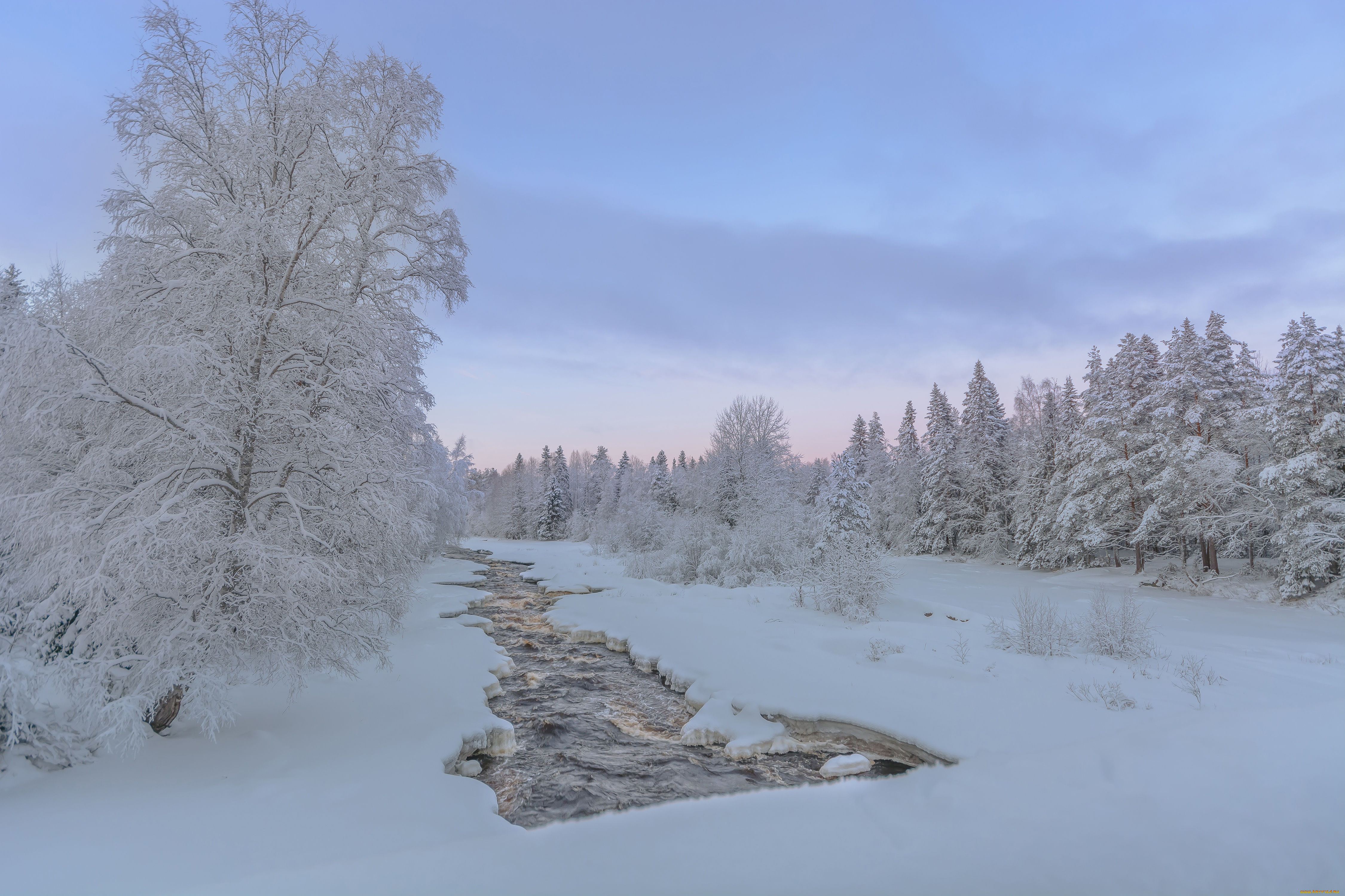 природа, зима, река, лес, финляндия, деревья, снег