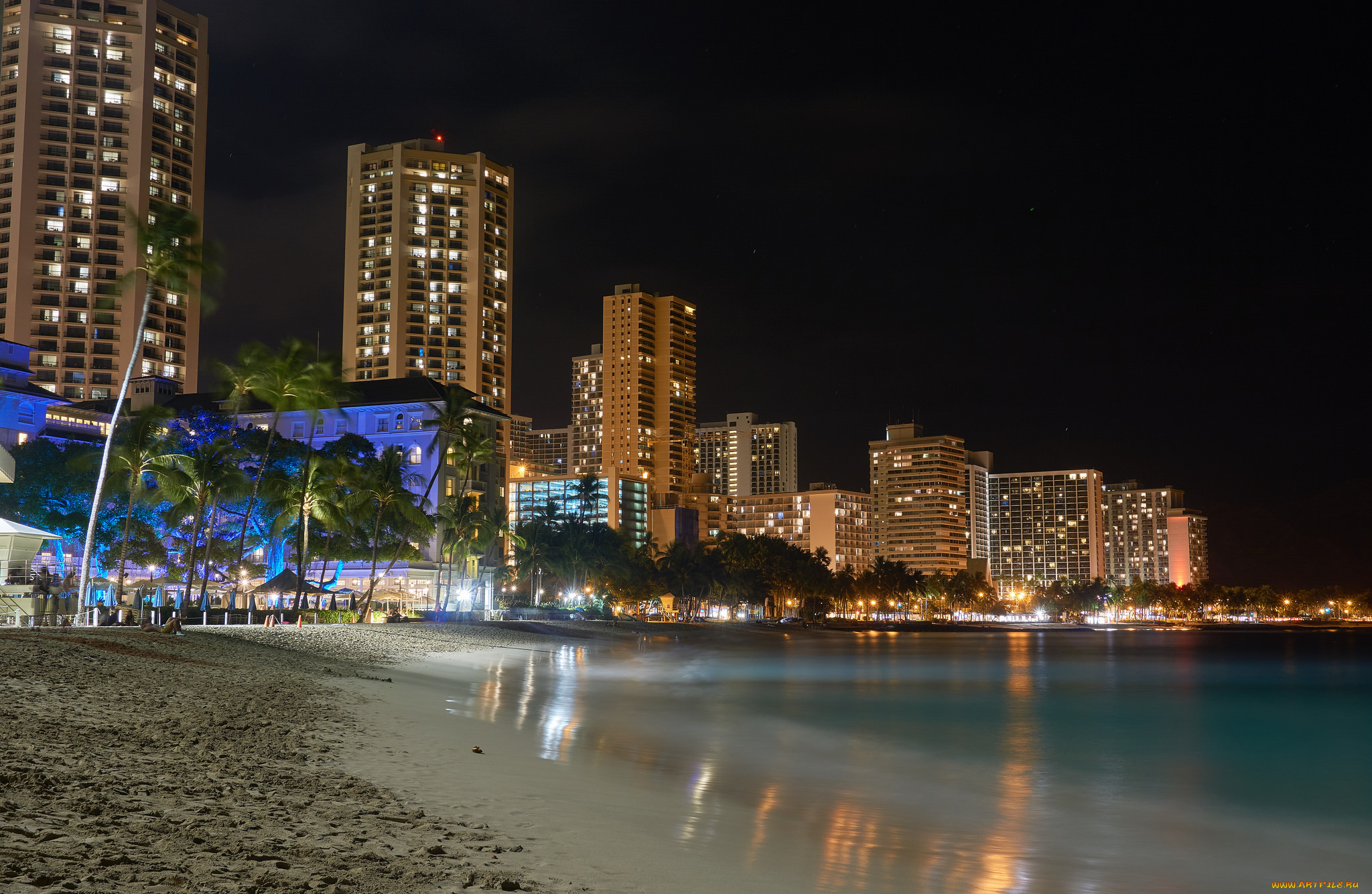 waikiki, at, night, , honolulu, города, -, огни, ночного, города, простор