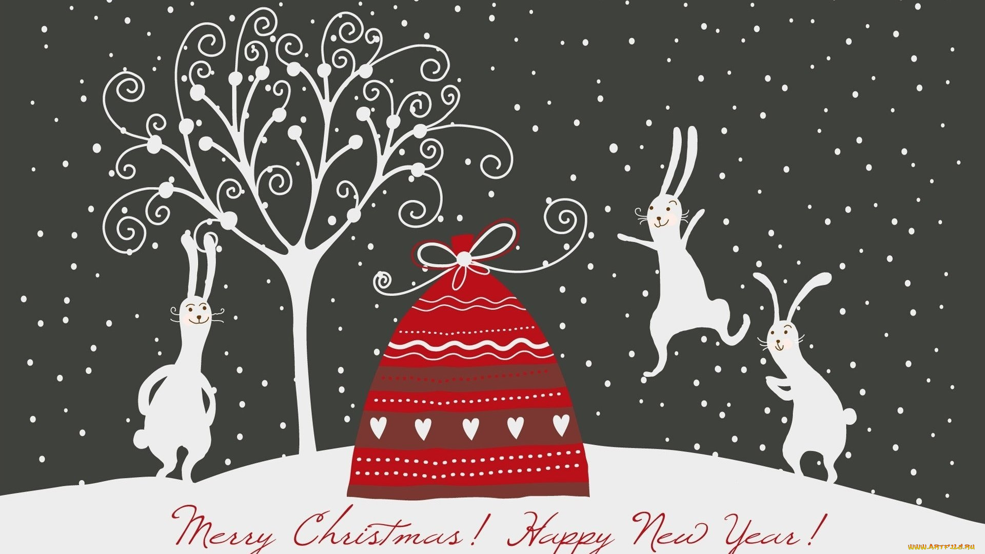 праздничные, векторная, графика, , новый, год, зайцы, снег, дерево, мешок